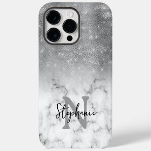 Silver Sequin Diamonds Marble Ombre Monogram iPhone 14 Pro Max Case