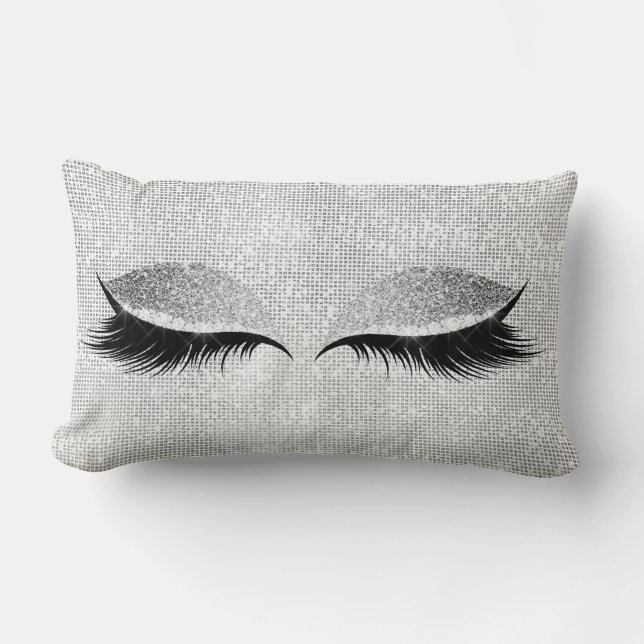 Silver Sequin Glitter Black Glam Makeup Lashes Lumbar Cushion (Front)