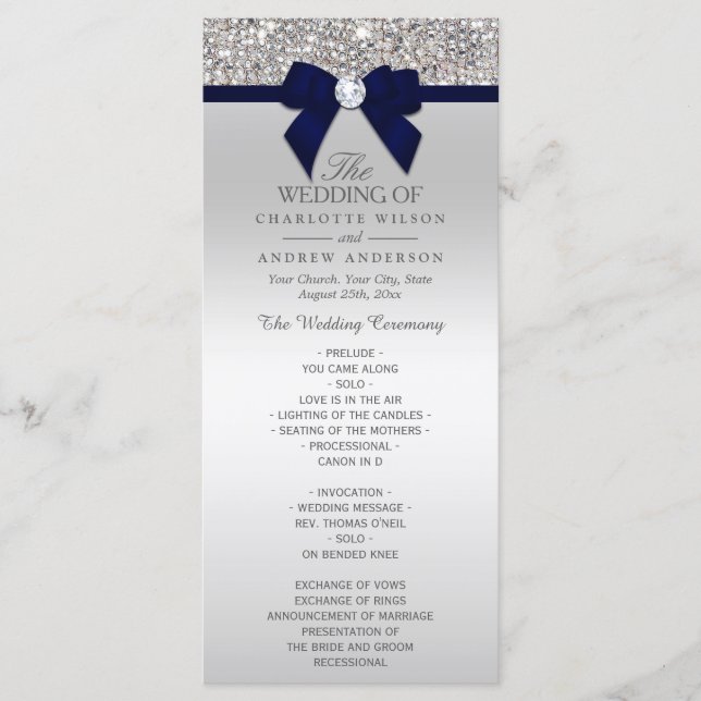 Silver Sequin Navy Blue Bow Wedding Program (Front)