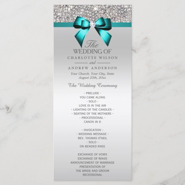 Silver Sequin Teal Diamond Bow Wedding Program (Front)