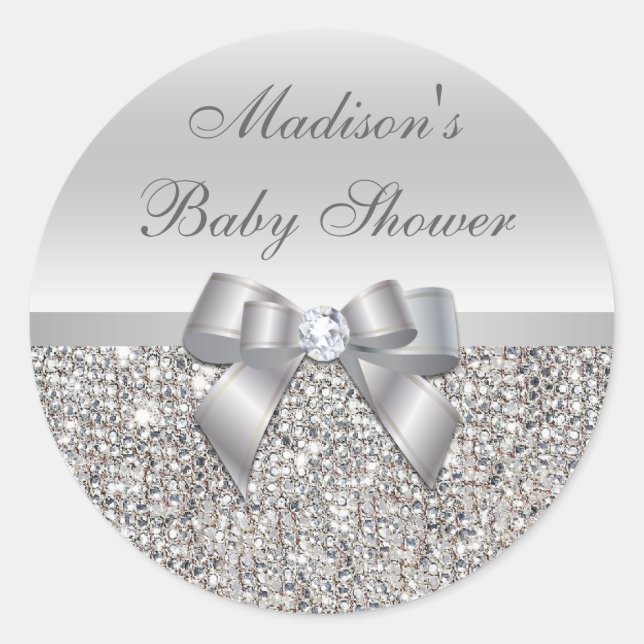 Silver Sequins Bow Baby Shower Stickers (Front)