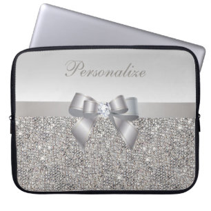 Silver Sequins, Bow & Diamond Personalised Laptop Sleeve