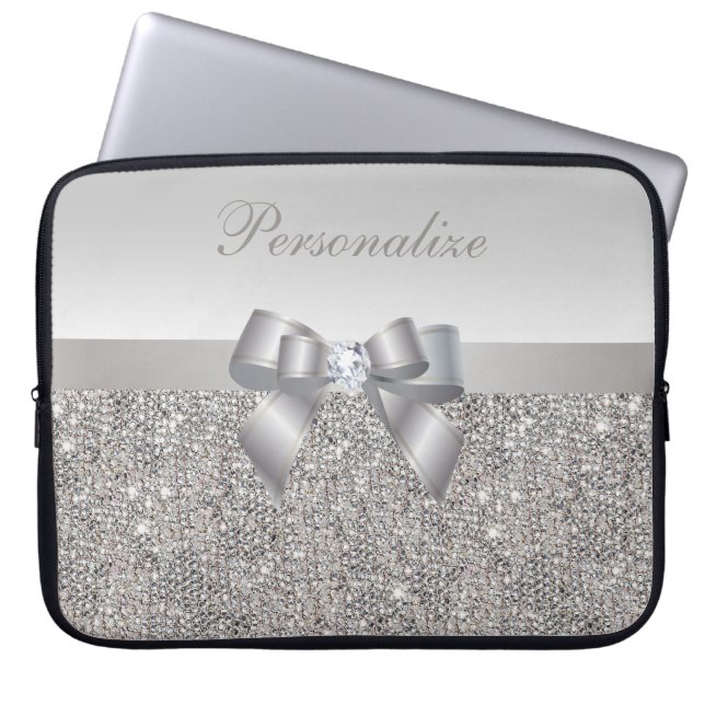 Silver Sequins, Bow & Diamond Personalised Laptop Sleeve (Front)