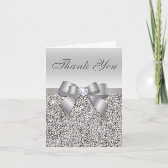 Silver Sequins, Bow & Diamond Wedding Thank You Card (Front)