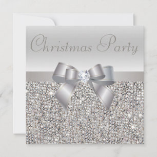 Silver Sequins Christmas Party Bow & Diamond Print Invitation