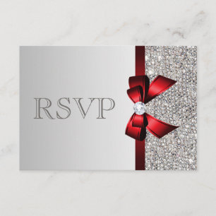 Silver Sequins Diamond Red Bow Wedding RSVP Card