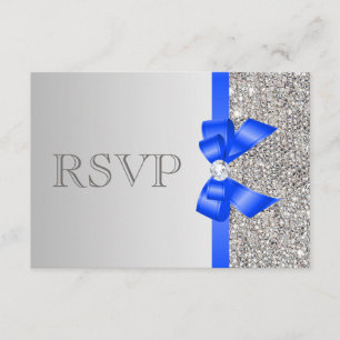 Silver Sequins Diamond Royal Blue Bow Wedding RSVP Card