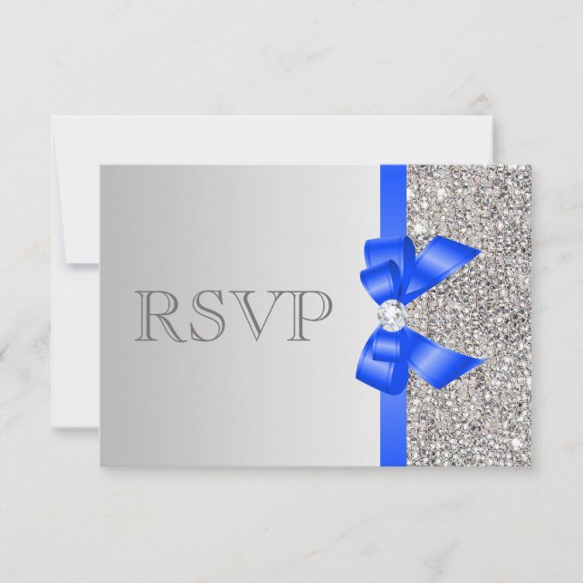 Silver Sequins Diamond Royal Blue Bow Wedding RSVP Card (Front)