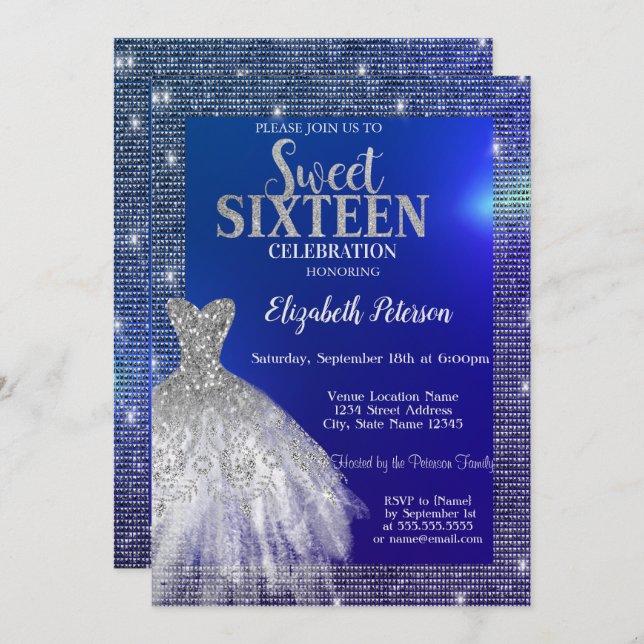 Silver Sequins,Dress Blue Sweet 16  Invitation (Front/Back)