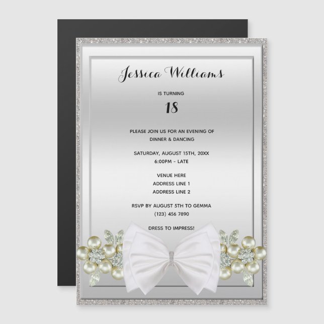 Silver Sequins & Floral Gems Glitter Bow Birthday Magnetic Invitation (Front/Back)