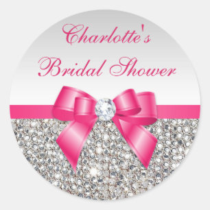 Silver Sequins Hot Pink Bow Diamond Bridal Shower Classic Round Sticker