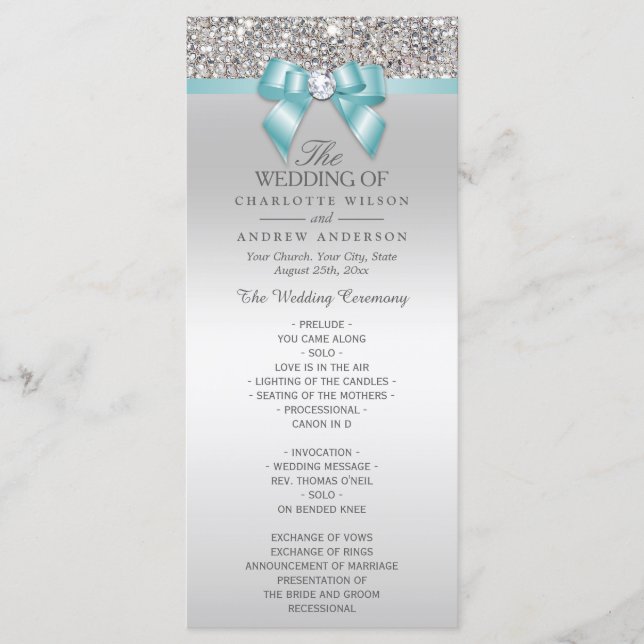 Silver Sequins Light Teal Bow Wedding Program (Front)