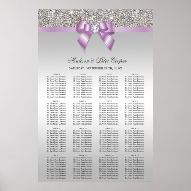 Silver Sequins Lilac Bow Wedding Seating Chart (Front)
