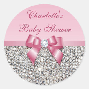 Silver Sequins Pink Bow Diamond Baby Shower Classic Round Sticker