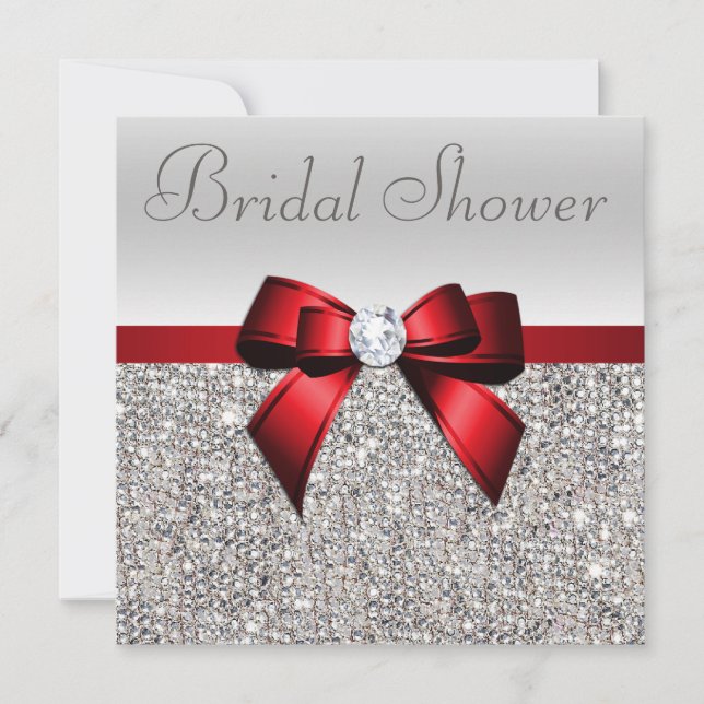 Silver Sequins Red Bow Diamond Bridal Shower Invitation (Front)