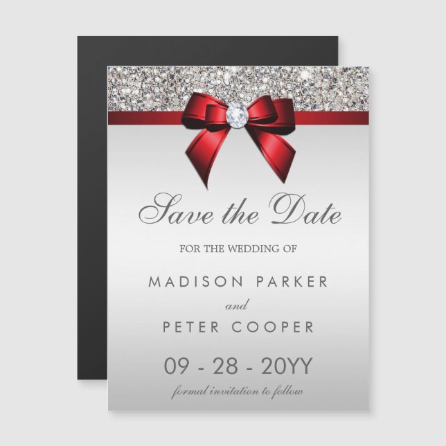 Silver Sequins Red Bow Save The Date Wedding Magnetic Invitation (Front/Back)