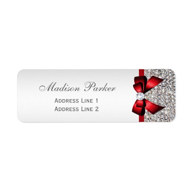 Silver Sequins Red Bow Wedding Personalised Return Address Label (Front)