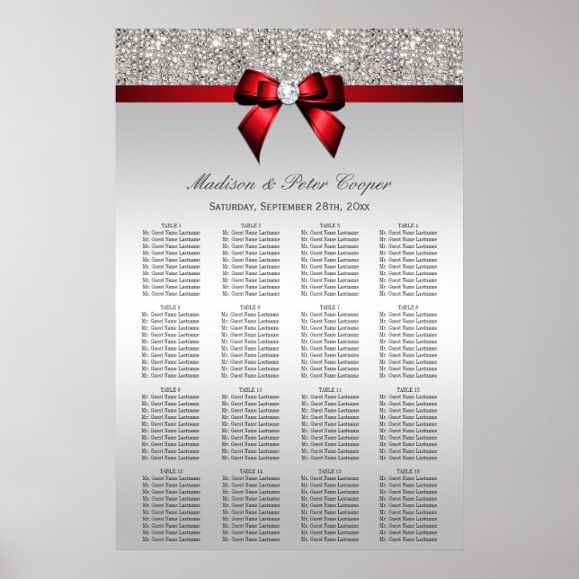 Silver Sequins Red Bow Wedding Seating Chart (Front)