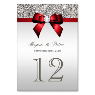 Silver Sequins Red Bow Wedding Table Number Cards