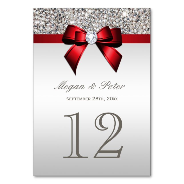 Silver Sequins Red Bow Wedding Table Number Cards (Front)