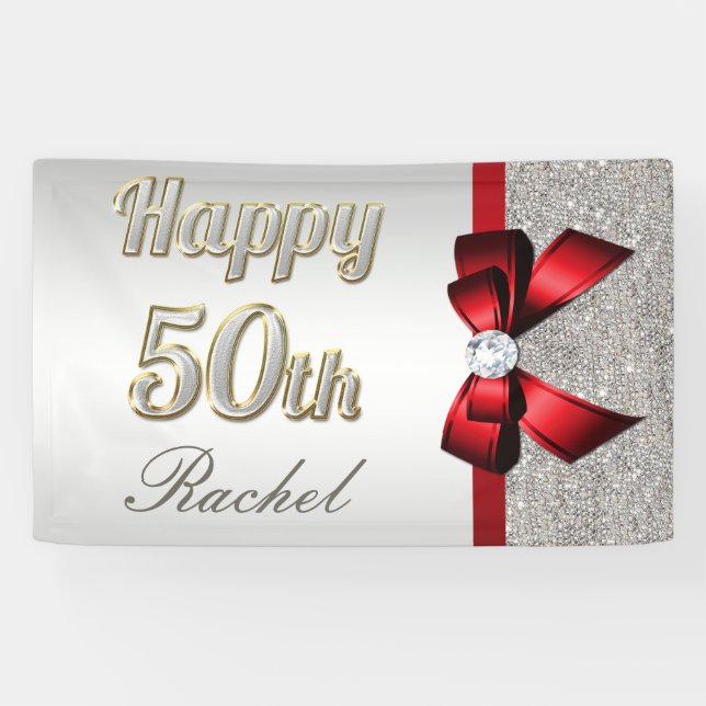 Silver Sequins Red Faux Bow 50th Birthday Banner (Horizontal)