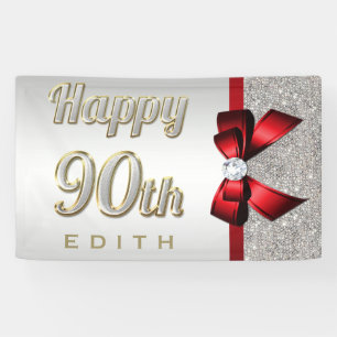 Silver Sequins Red Faux Bow 90th Birthday Banner