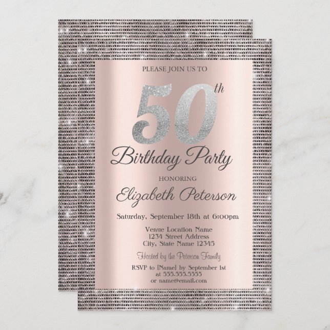 Silver Sequins Rose Gold 50th Birthday Party Invitation (Front/Back)