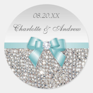 Silver Sequins Teal Bow and Diamond Wedding Classic Round Sticker