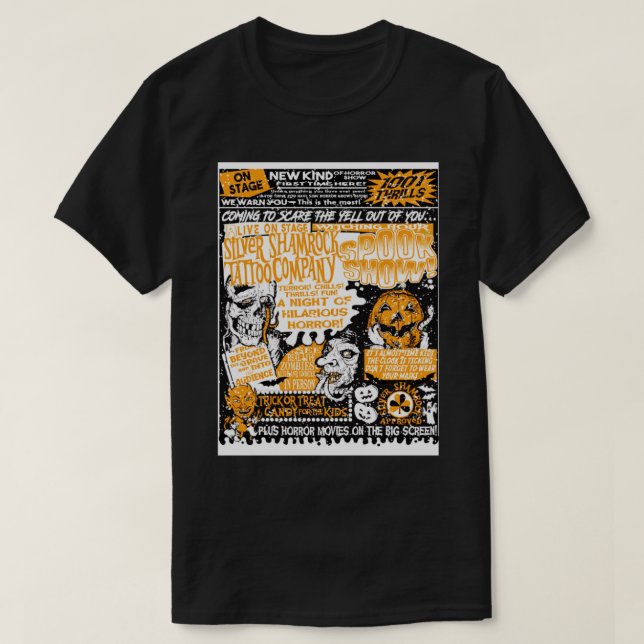 Silver Shamrock Spookshow Spectacular in ORANGE T-Shirt (Design Front)