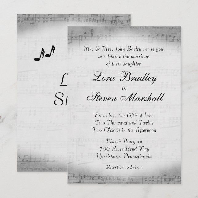 Silver Sheet Music Theme Wedding Invitation (Front/Back)