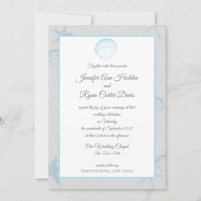 Silver Shells Ocean Side Wedding Invitation (Front)