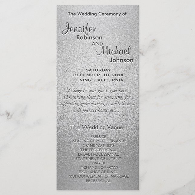 Silver Shimmer Faux Foil Wedding Program (Front)