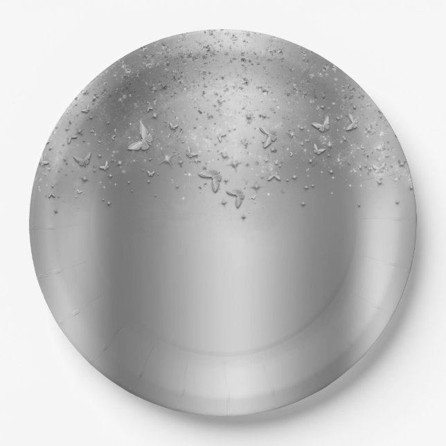 Silver Shimmer Flutter Butterfly Sweet 16 Party Paper Plate (Front)