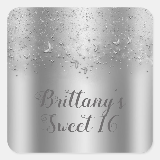 Silver Shimmer Flutter Butterfly Sweet 16 Party Square Sticker (Front)
