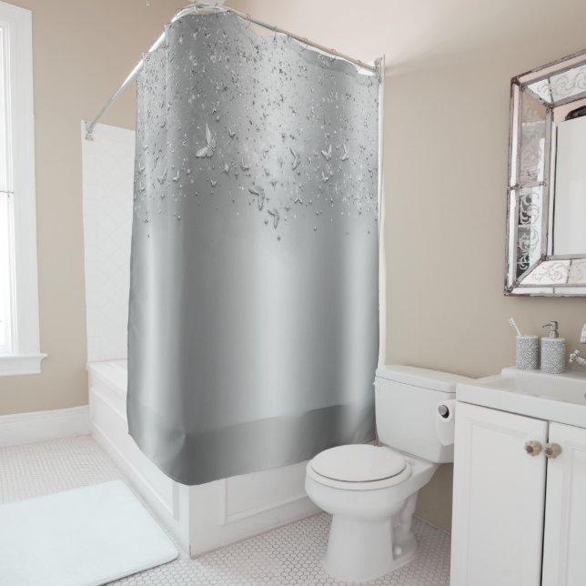 Silver Shimmer Sparkle Flutter Butterfly Shower Curtain (In Situ)