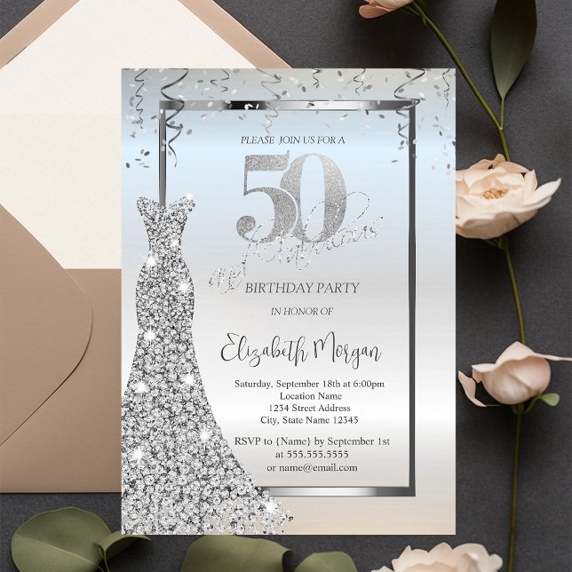 Silver Shiny Diamonds Dress Silver 50th Birthday Invitation (Creator Uploaded)