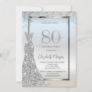 Silver Shiny Diamonds Dress Silver 80th Birthday Invitation
