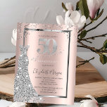 Silver Shiny Dress Rose Gold 50th Birthday Invitation<br><div class="desc">Silver sequins dress and confetti on rose gold background.</div>