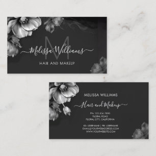 Silver Shiny Flowers Black Business Card