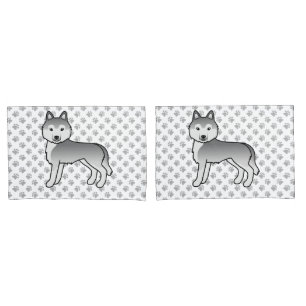 Silver Siberian Husky Cartoon Dog And Paws Pillowcase
