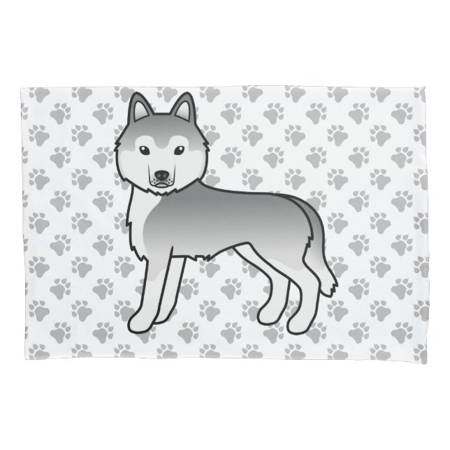 Silver Siberian Husky Cute Dog & Paws Pillow Case (Front)