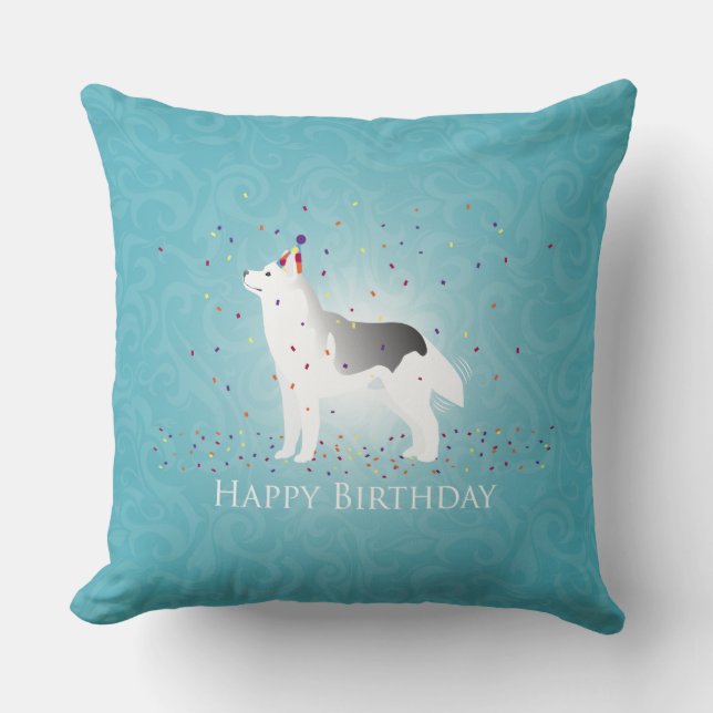 Silver Siberian Husky Dog Happy Birthday Design Cushion (Front)