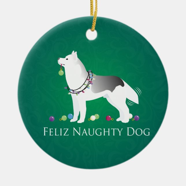 Silver Siberian Husky Feliz Naughty Dog Christmas Ceramic Ornament (Front)