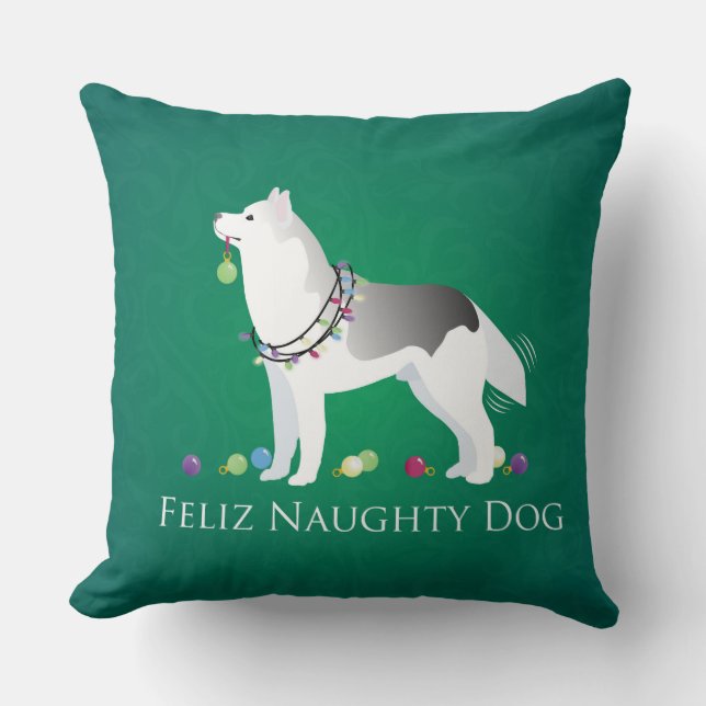 Silver Siberian Husky Feliz Naughty Dog Christmas Cushion (Front)