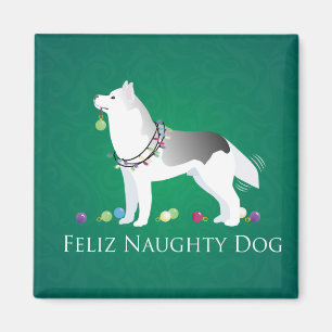 Silver Siberian Husky Feliz Naughty Dog Christmas Magnet