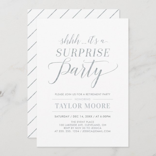 Silver | Simple Modern Surprise Retirement Party Invitation (Front/Back)