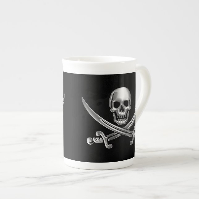 Silver Skull and Crossed Swords Bone China Mug (Front Right)