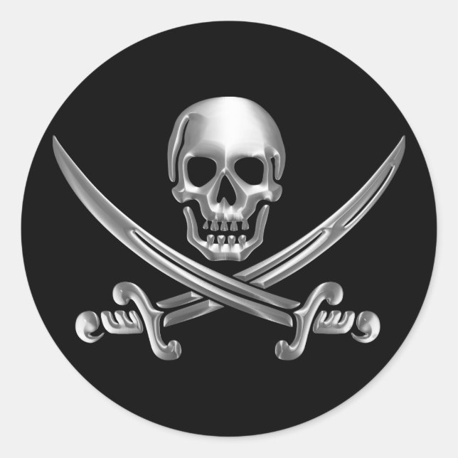 Silver Skull and Crossed Swords Classic Round Sticker (Front)
