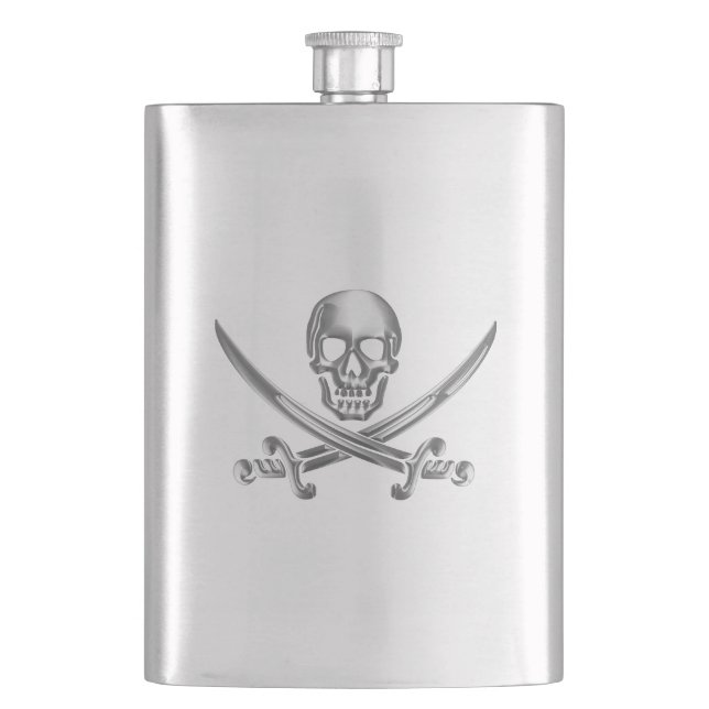 Silver Skull and Crossed Swords Hip Flask (Front)