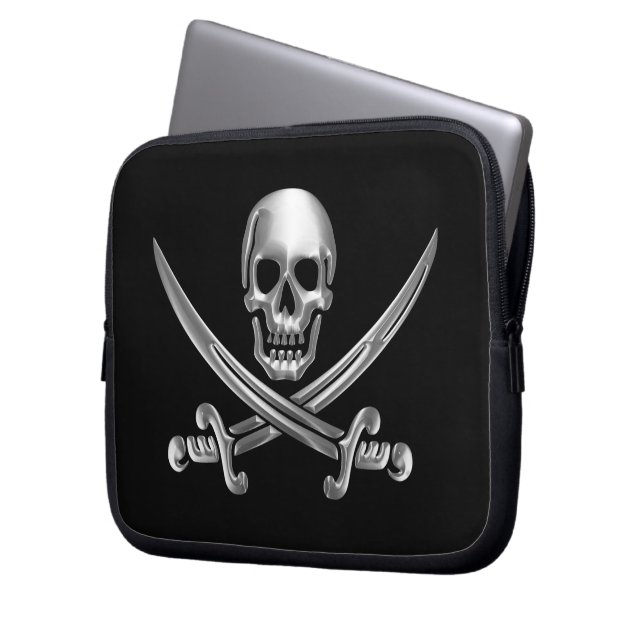 Silver Skull and Crossed Swords Laptop Sleeve (Front Left)